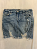 Denim mini skirt, distressed.