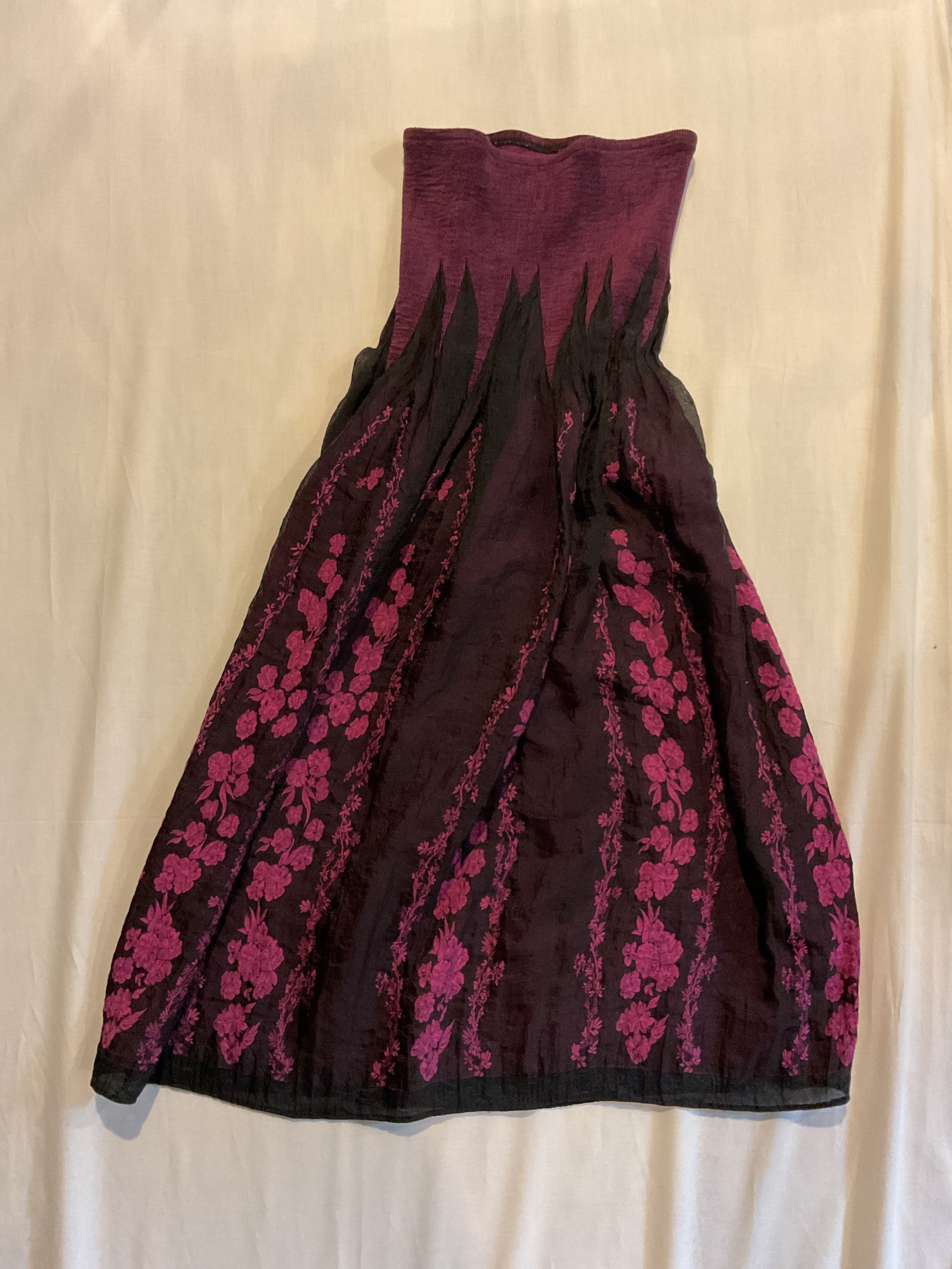 Purple and black floral strapless dress